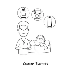Coloring page of an animated dentist and a cavity