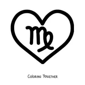 Coloring page of a Virgo sign symbol inside a heart