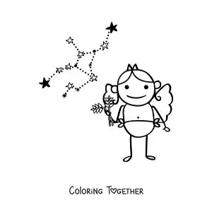Coloring page of a cartoon Virgo sign character with its constellation