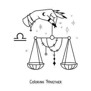 Coloring page of a hand holding the scales of the Libra sign