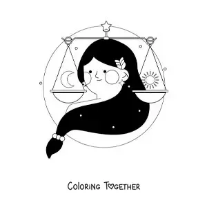 Coloring page of a Libra zodiac sign woman with her symbol