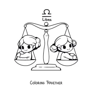 Coloring page of the Libra sign symbol with two animated kawaii girls
