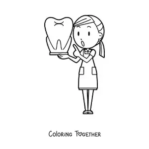 Coloring page of a woman dentist holding a giant tooth