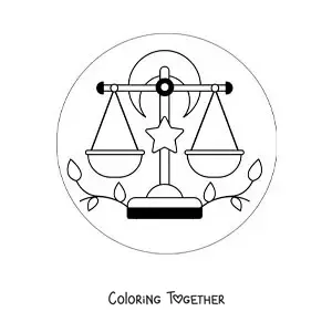 Coloring page of an animated Libra zodiac sign symbol with celestial bodies