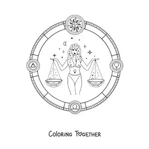Coloring page of the goddess Themis with the scales of Libra