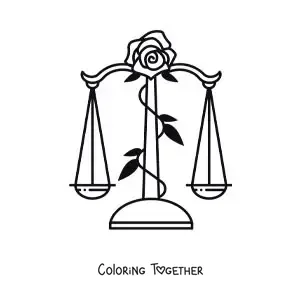 Coloring page of the Libra sign scales with a rose