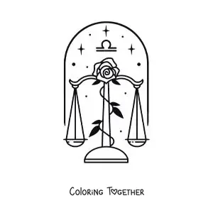 Coloring page of the Libra symbol with a rose