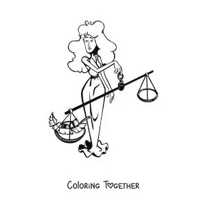 Coloring page of a children's cartoon of the goddess Themis of the Libra sign