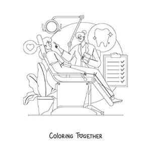Coloring page of a woman dentist and a patient at the dental office