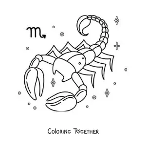 Coloring page of a scorpion of the Scorpio sign with its symbol and stars