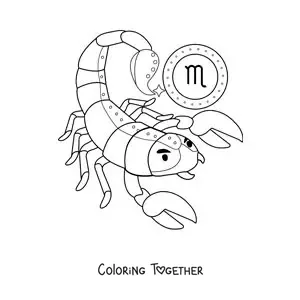 Coloring page of a children's animated scorpion of the Scorpio sign
