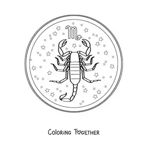 Coloring page of the Scorpio zodiac sign with its symbol and stars