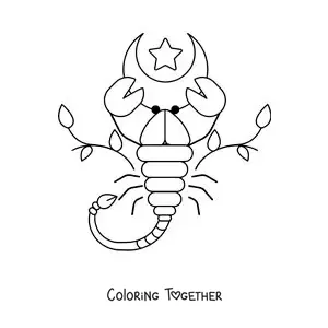 Coloring page of an animated Scorpio sign with a moon and leaves