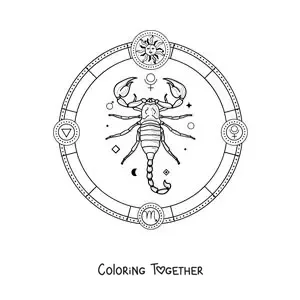 Coloring page of the astrological sign of Scorpio with its symbols