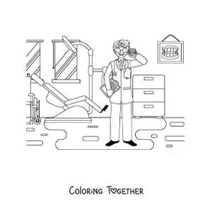 Coloring page of a dentist at the dental office