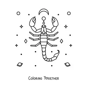 Coloring page of a Scorpio symbol with celestial bodies