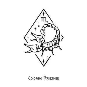 Coloring page of an animated scorpion with the Scorpio symbol