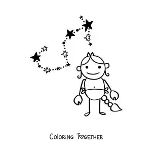 Coloring page of an animated cartoon of the Scorpio sign with its constellation