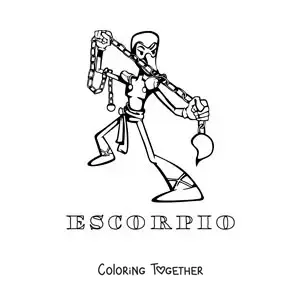 Coloring page of an animated cartoon of the Scorpio sign with its name