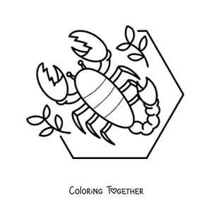 Coloring page of an animated scorpion with leaves