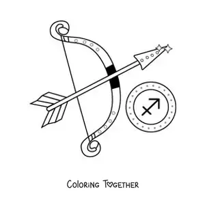 Coloring page of a bow and arrow with the Sagittarius symbol