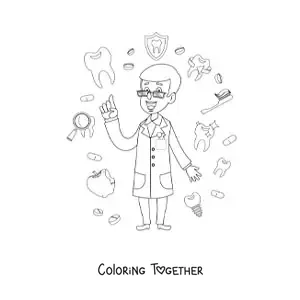 Coloring page of a dentist raising awareness about dental hygiene