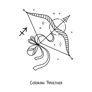 Coloring page of a Sagittarius bow and arrow with its symbol and stars