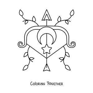 Coloring page of an animated Sagittarius symbol with leaves and celestial bodies