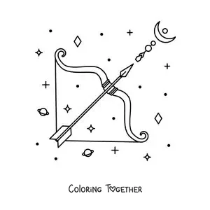 Coloring page of the Sagittarius symbol with celestial bodies