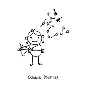 Coloring page of a children's cartoon of Sagittarius with its constellation