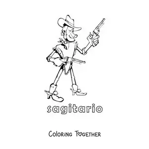 Coloring page of a children's cartoon of a cowboy of the Sagittarius sign with its name
