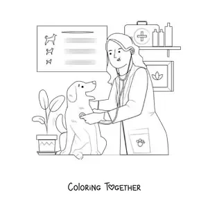 Coloring page of a woman vet examining a dog