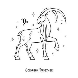 Coloring page of the animated Capricorn goat with its symbol and stars