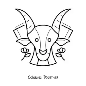 Coloring page of the animated goat of the Capricorn sign with flowers