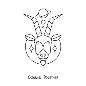 Coloring page of an animated Capricorn symbol with celestial bodies