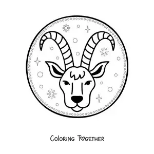 Coloring page of an animated Capricorn zodiac sign symbol with stars