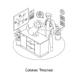 Coloring page of a dog and a vet at the clinic