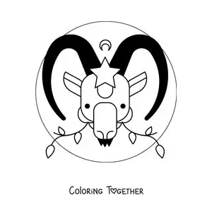 Coloring page of an animated Capricorn goat with stars and leaves