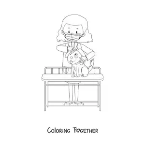 Coloring page of a woman vet wearing a mask checking a dog