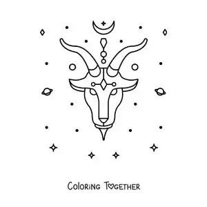 Coloring page of a symbol of the Capricorn sign with celestial bodies