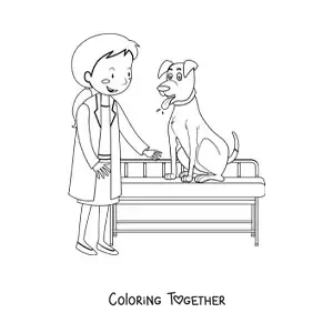 Coloring page of a woman vet with a dog on an exam table