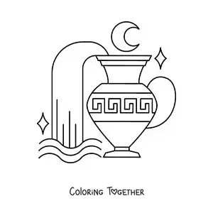 Coloring page of an animated Aquarius vessel with a moon