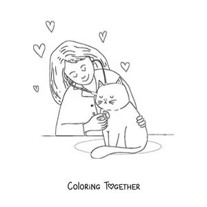 Coloring page of a woman vet listening to a cat with a stethoscope