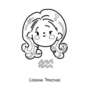 Coloring page of an animated kawaii girl of the Aquarius sign