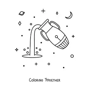 Coloring page of the Aquarius symbol with celestial bodies