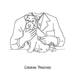 Coloring page of a vet listening to a dog with a stethoscope