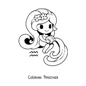 Coloring page of a cute animated kawaii girl of the Aquarius sign