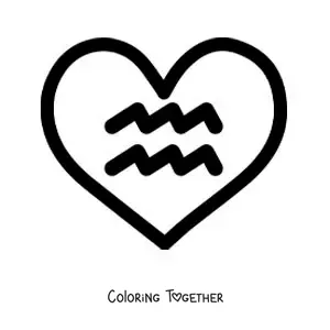 Coloring page of an easy Aquarius symbol inside a heart
