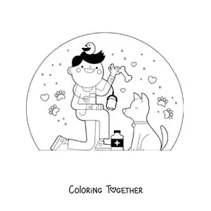 Coloring page of an animated vet next to a dog