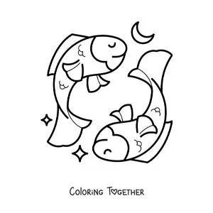 Coloring page of animated Pisces sign fish for kids